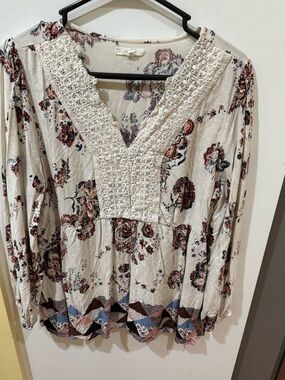 Maurices Cream Floral Crochet-Trim Peasant Tunic with Rust & Blue Accents